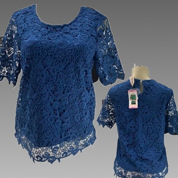 Philosophy Tops - Philosophy S Blue Lace Crew Neckline Scallop Trim Lined Sheer Half Sleeve Blouse
